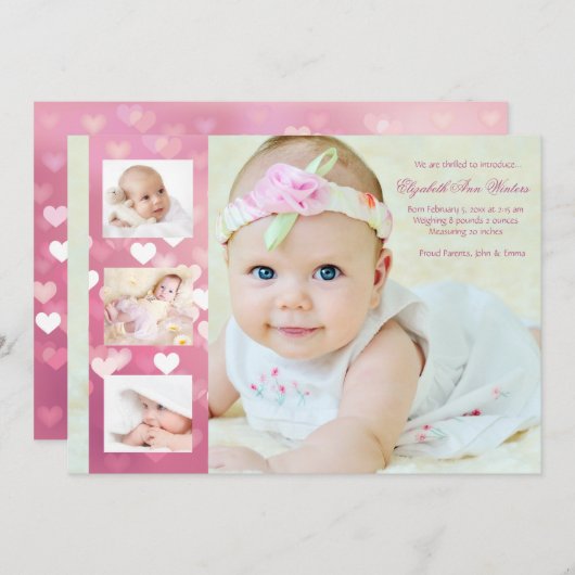 ハート沢山-写真の誕生の発表 案内状 (正面/裏面)