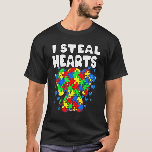 ハート泥棒パズル 自閉症認知 かわいいゾウ Tシャツ (正面)