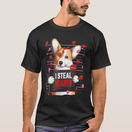 ハート泥棒 コーギー犬の飼い主 ハッピーバレンタイン Tシャツ (正面)