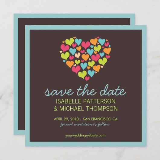 ハート満載の楽しいSave the Dateのお知らせ セーブザデート (正面/裏面)