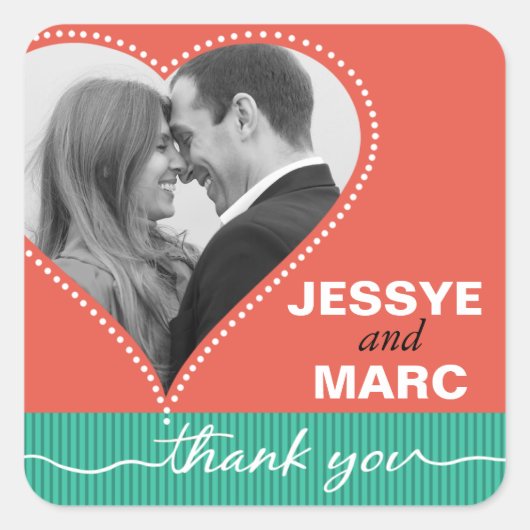 ハート点々のある写真サンキューコーラル翡翠 スクエアシール (正面)