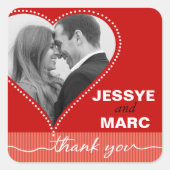 ハート点々のある写真サンキューレッドサンゴ スクエアシール (正面)