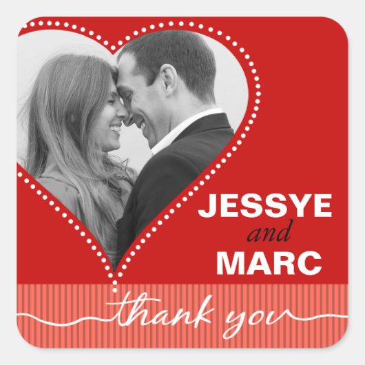 ハート点々のある写真サンキューレッドサンゴ スクエアシール (正面)