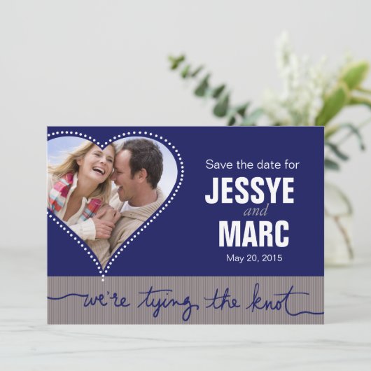 ハート点々のある写真ネイビーグレーの日付を保存 セーブザデート (スタンド正面)