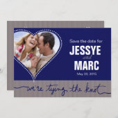 ハート点々のある写真ネイビーグレーの日付を保存 セーブザデート (正面/裏面)