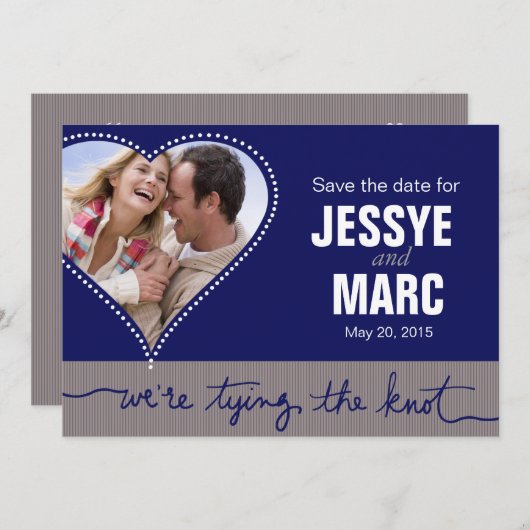 ハート点々のある写真ネイビーグレーの日付を保存 セーブザデート (正面/裏面)