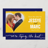 ハート点々のある写真Date yellow navyを保存 セーブザデート (正面/裏面)