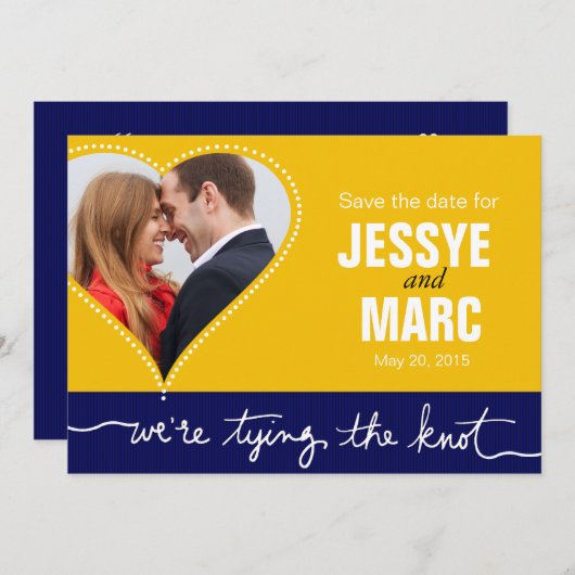 ハート点々のある写真Date yellow navyを保存 セーブザデート (正面/裏面)