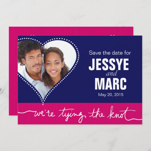 ハート点々のある写真Save the Date navy暗い赤紫色 セーブザデート (正面/裏面)