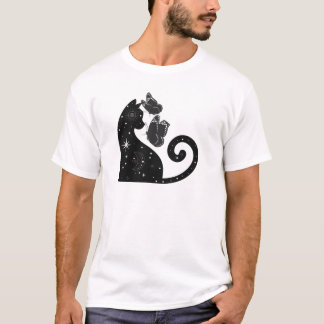 ハート猫と蝶々のかわいい愛アート Tシャツ