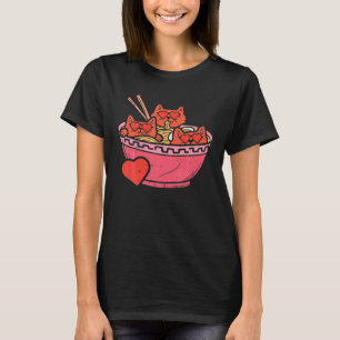 ハート猫ラーメンうどんアニメかわいいバレンタインデー Tシャツ