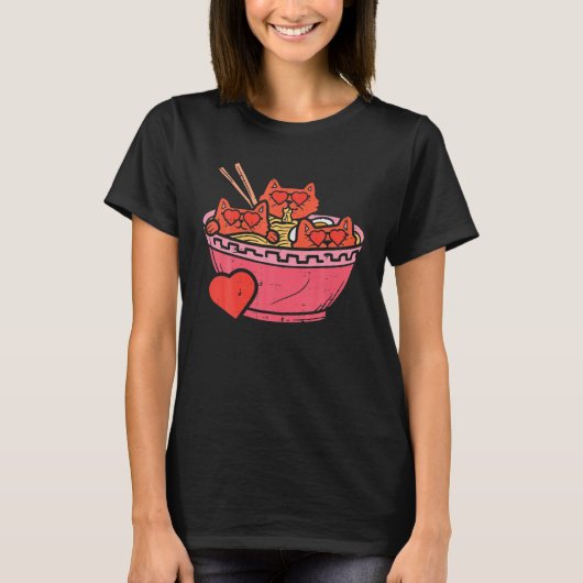 ハート猫ラーメンうどんアニメかわいいバレンタインデー Tシャツ (正面)