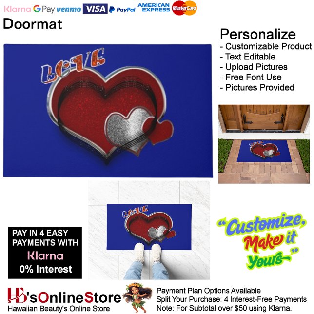 ハート王室の魔法ブルードアマット60.96 cm x 91.44 c ドアマット (Heart Magic Door Mat with Royal Blue Background.)