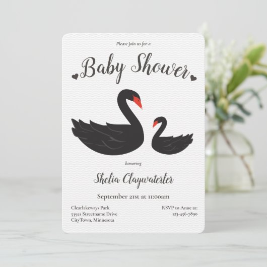 ハート白い黒鳥の鳥の動物のベビーシャワー 招待状 (スタンド正面)