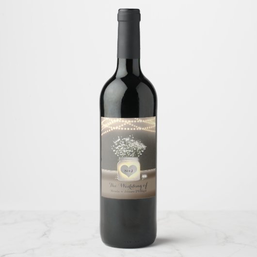 ハート白熱［赤熱］光を放つメイスンジャー&ベビーのブレスワインラベル ワインラベル (正面)