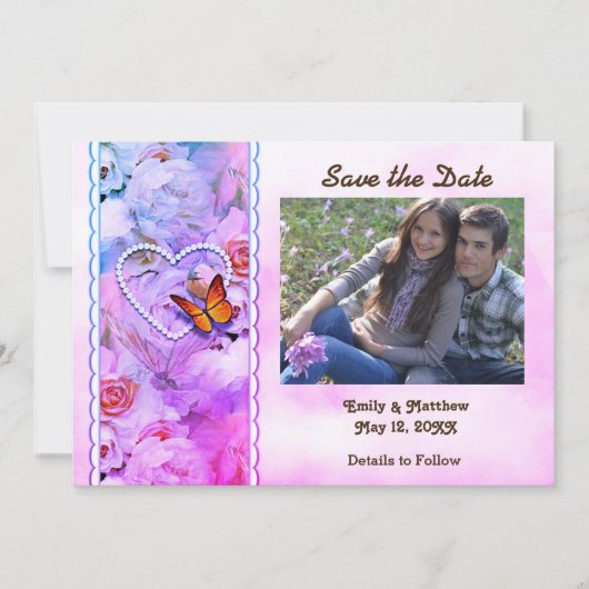 ハート真珠、ピンクのバラ、蝶の日救付 セーブザデート (正面)