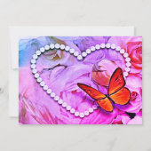 ハート真珠、ピンクのバラ、蝶の日救付 セーブザデート (裏面)