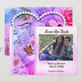 ハート真珠、ピンクのバラ、蝶の日救付 セーブザデート (正面/裏面)