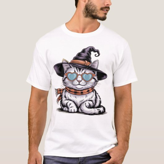 ハート眼鏡のかわいいハロウィン子猫 クールな魔女猫 Tシャツ (正面)