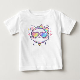 ハート眼鏡のかわいい虹色のネコ ベビー服 ベビーTシャツ