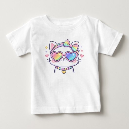ハート眼鏡のかわいい虹色のネコ ベビー服 ベビーTシャツ (正面)