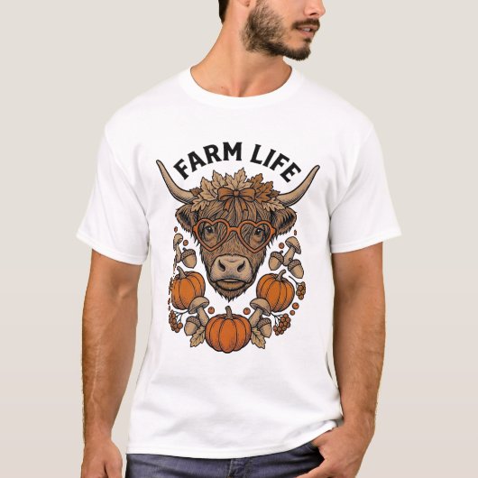 ハート眼鏡の秋の高地牛 Tシャツ (正面)