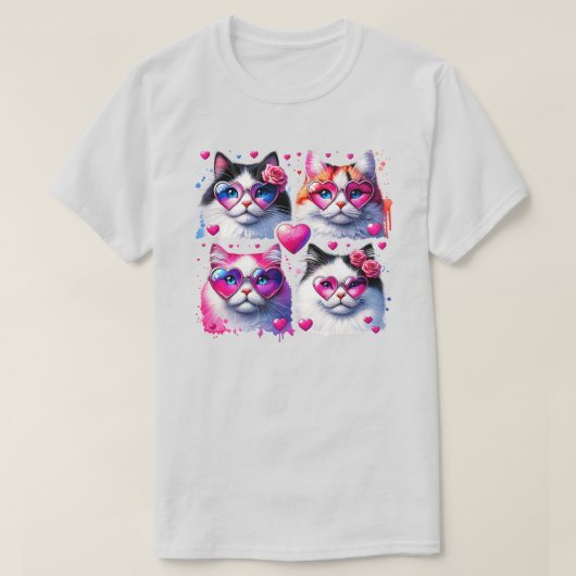 ハート眼鏡シャツ付き猫 Tシャツ (デザイン正面)