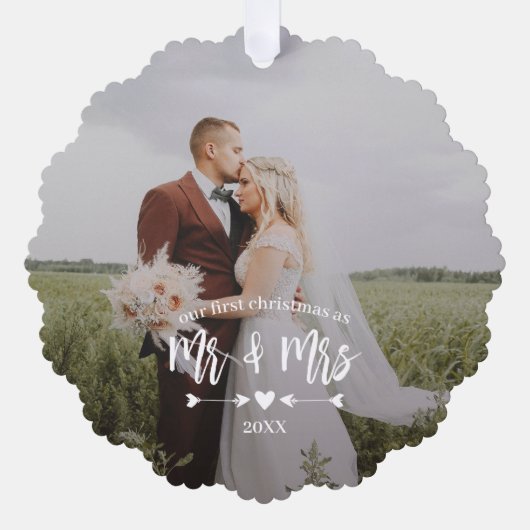 ハート矢印初めてのクリスマスミセス・フォト オーナメントカード (正面)