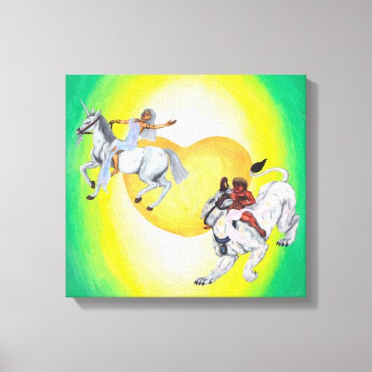 ハート神は一角獣に乗って女神ライオネスに乗る キャンバスプリント (正面)