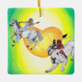 ハート神は一角獣に乗って女神ライオネスに乗る セラミックオーナメント