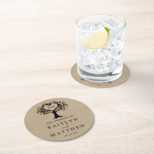 ハート素朴ツリー結婚のコレクション ラウンドペーパーコースター (インサイチュ)