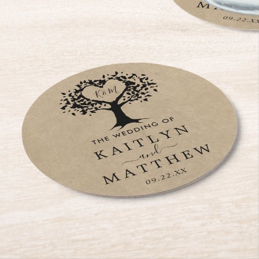 ハート素朴ツリー結婚のコレクション ラウンドペーパーコースター (アングル)