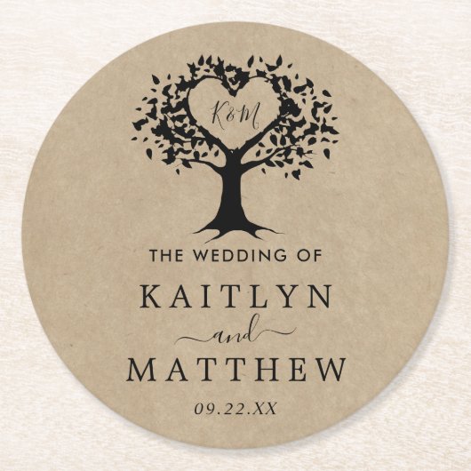 ハート素朴ツリー結婚のコレクション ラウンドペーパーコースター (正面)