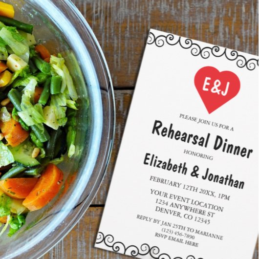 ハート素朴モノグラムリハーサルディナー 招待状