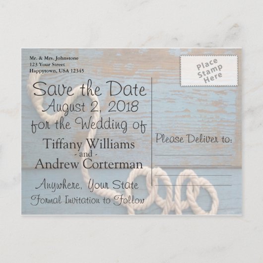 ハート素朴ロープ結婚式の日付の保存 案内ポストカード (裏面)