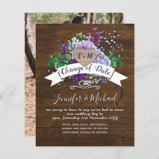 ハート素朴写真パープルフローラの変更の日付 (正面/裏面)