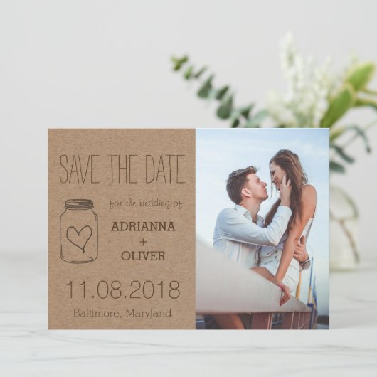 ハート素朴MasonJar日付カップルの写真を保存3 セーブザデート (スタンド正面)