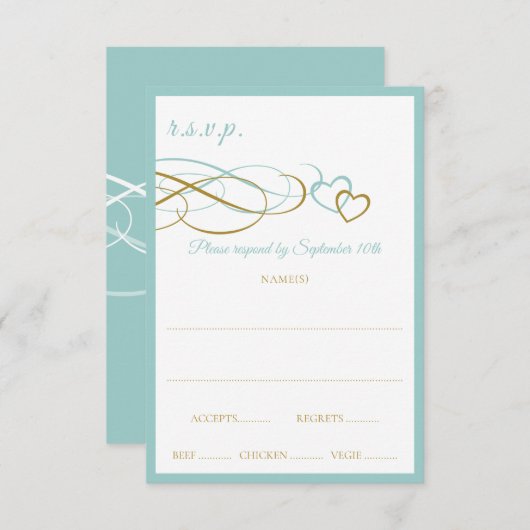 ハート結婚の応答カード(ターコイズと金ゴールド) 出欠カード (正面/裏面)