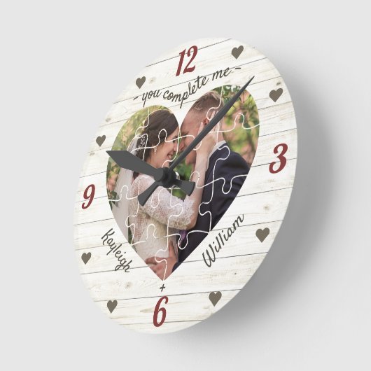 ハート結婚パズルの写真が完成素朴 ラウンド壁時計 (傾斜)