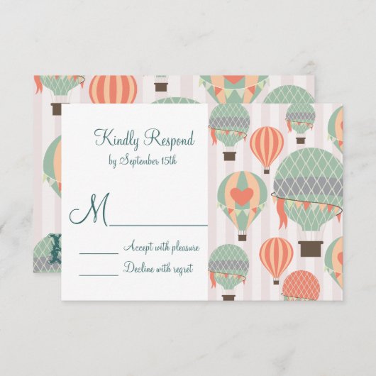 ハート結婚出欠届けカード付き熱気球 出欠カード (正面/裏面)