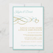 ハート結婚式招待状 |リルトターコイズと金ゴールド 招待状 (正面)