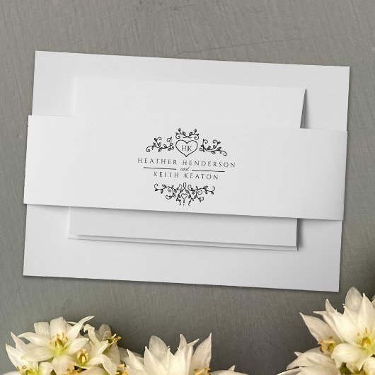 ハート結婚葉モノグラム白黒 招待状ベリーバンド