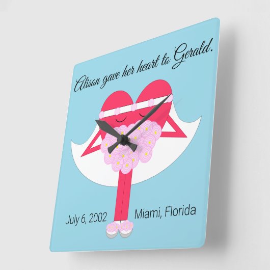 ハート結婚記念日 スクエア壁時計 (傾斜)