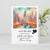 ハート結婚・シカゴのスカイラインが日付を保存 招待状 (スタンド正面)