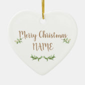 ハート編集可能グリーン葉クリスマスツリーバウブル セラミックオーナメント (正面)