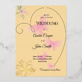 ハート縁ど形、フローラ、蝶デザイン 箔招待状