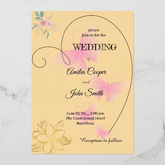 ハート縁ど形、フローラ、蝶デザイン 箔招待状 (正面)