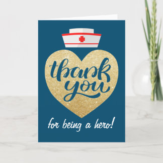 ハート聴診器ブルー金ゴールドナースサンキューカード サンキューカード