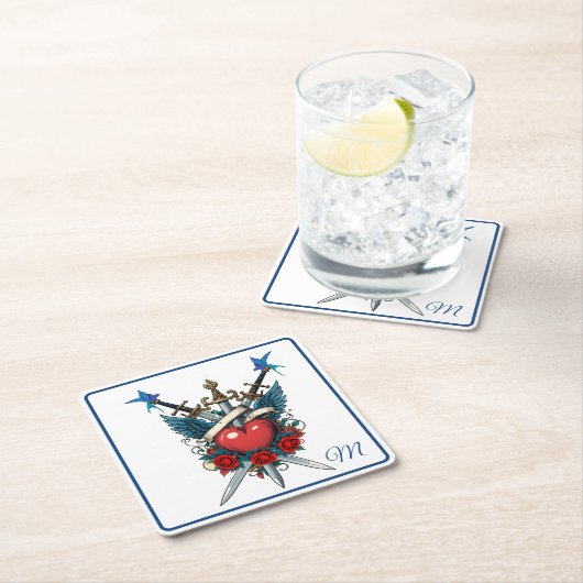 ハート航海のフローラ赤 スクエアペーパーコースター (インサイチュ)