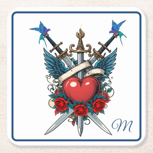 ハート航海のフローラ赤 スクエアペーパーコースター (正面)